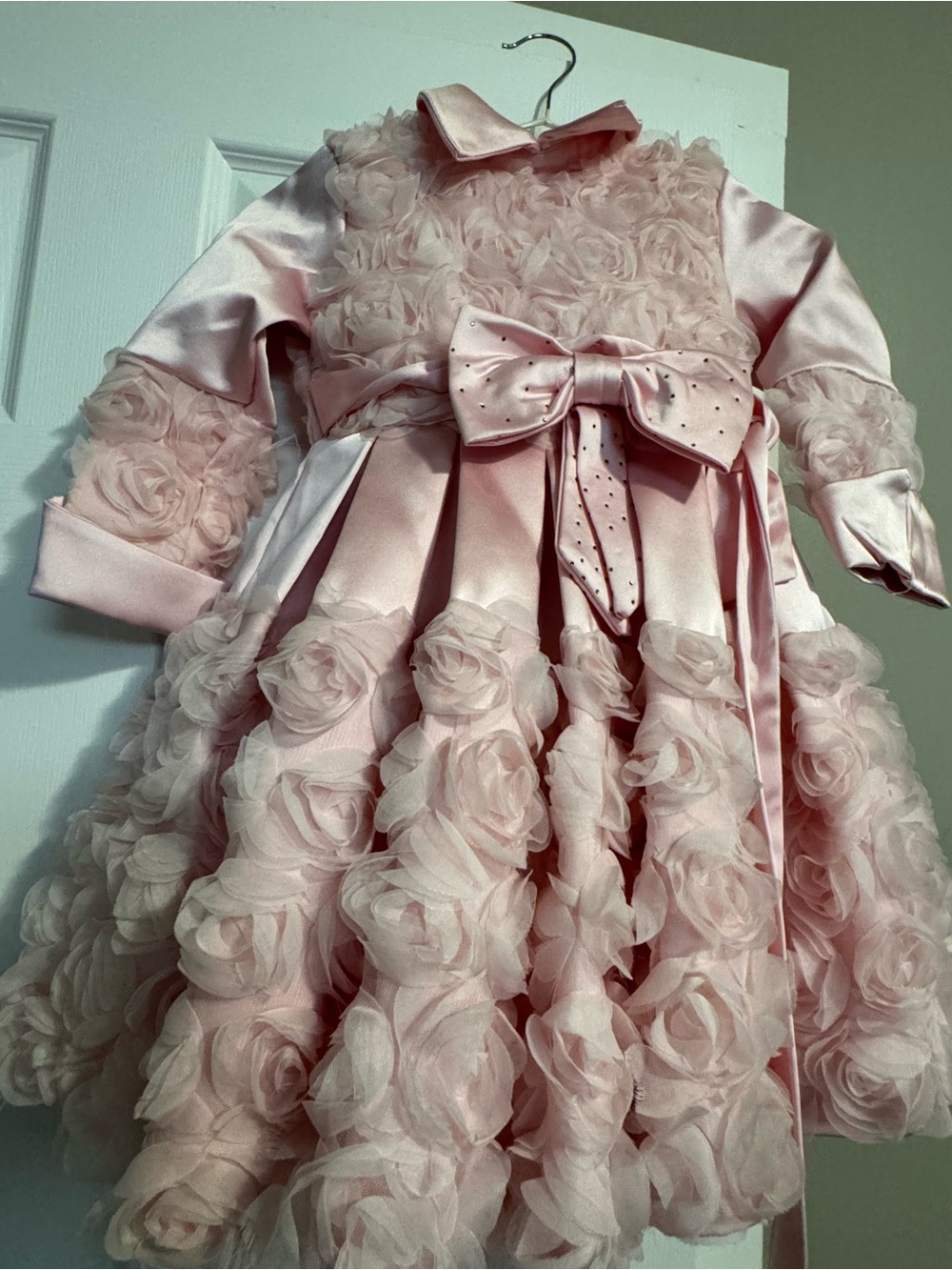 Girls' Pink Rosette Satin Bow Dress